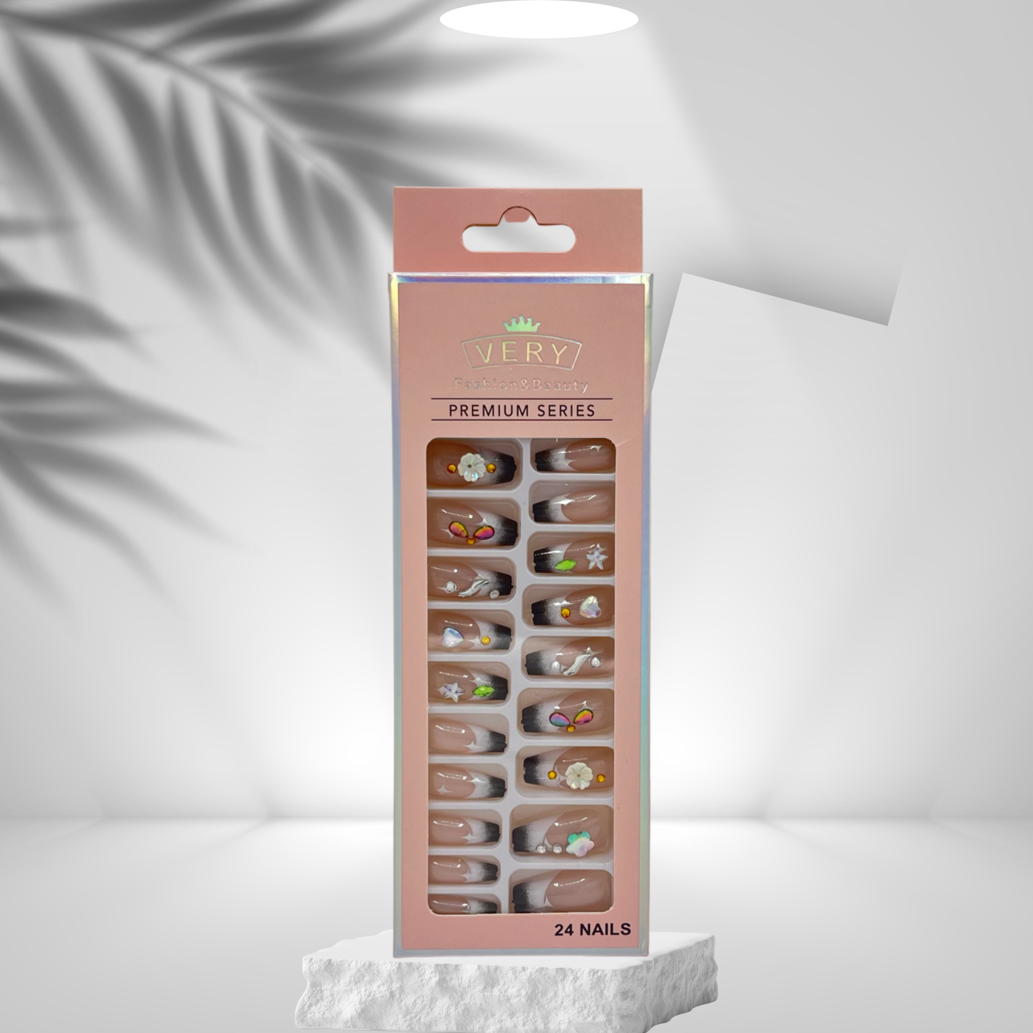 24-Piece Press-On Nail Set – Nude with Colorful Floral and 3D Accents