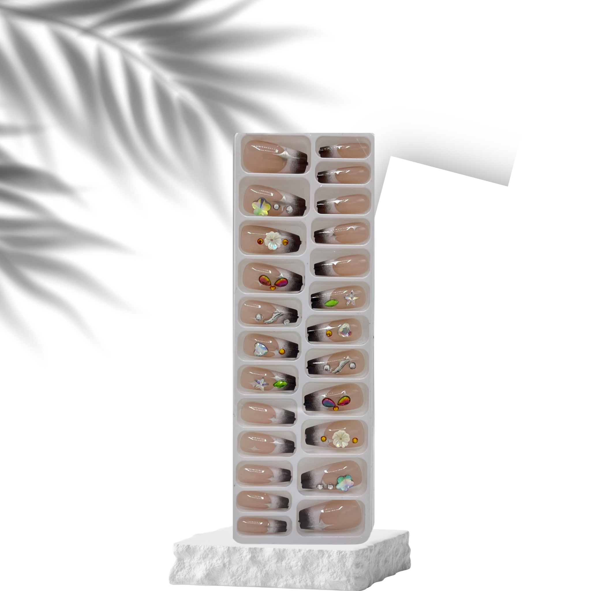 24-Piece Press-On Nail Set – Nude with Colorful Floral and 3D Accents