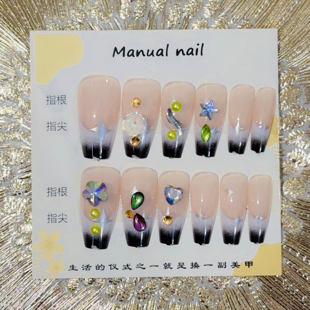 12 Pcs  3D Floral & Gemstone Press-On Nails