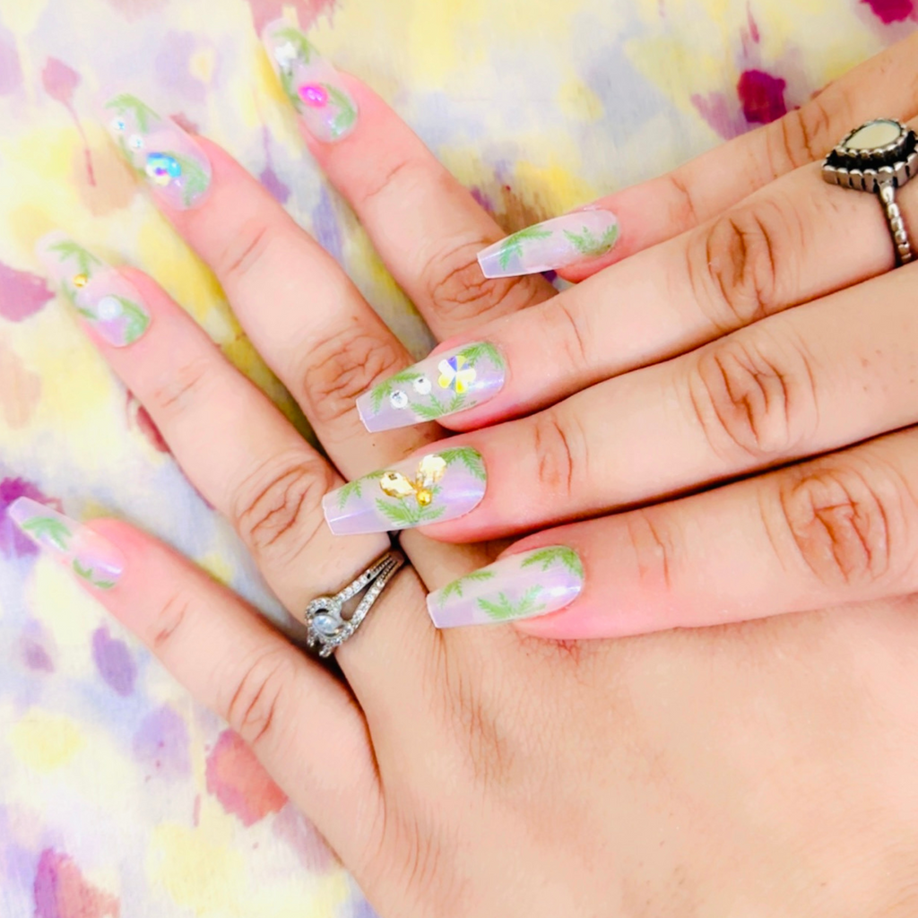 12 Pcs Nails Set Tropical Leaf Press-On Nails