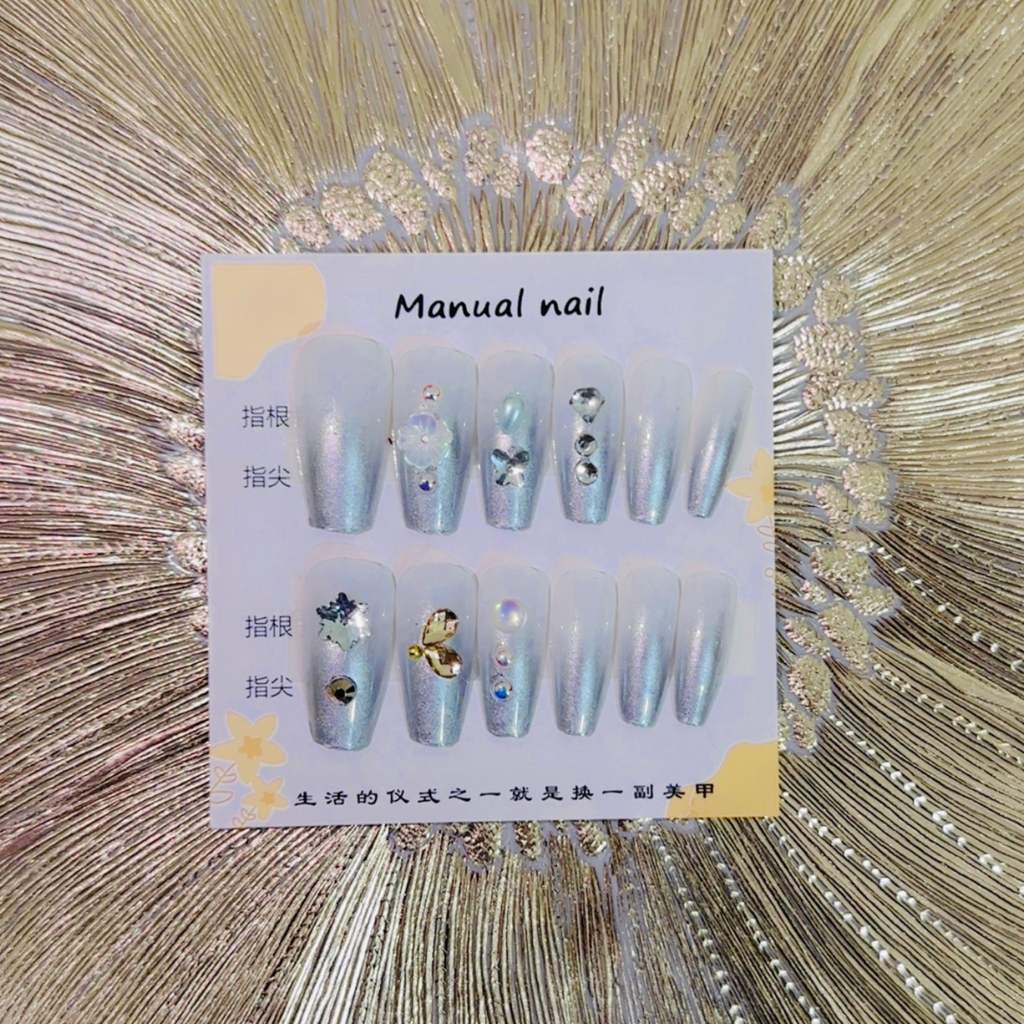 12Pcs Nails Set Shimmering Silver Press-On Nails
