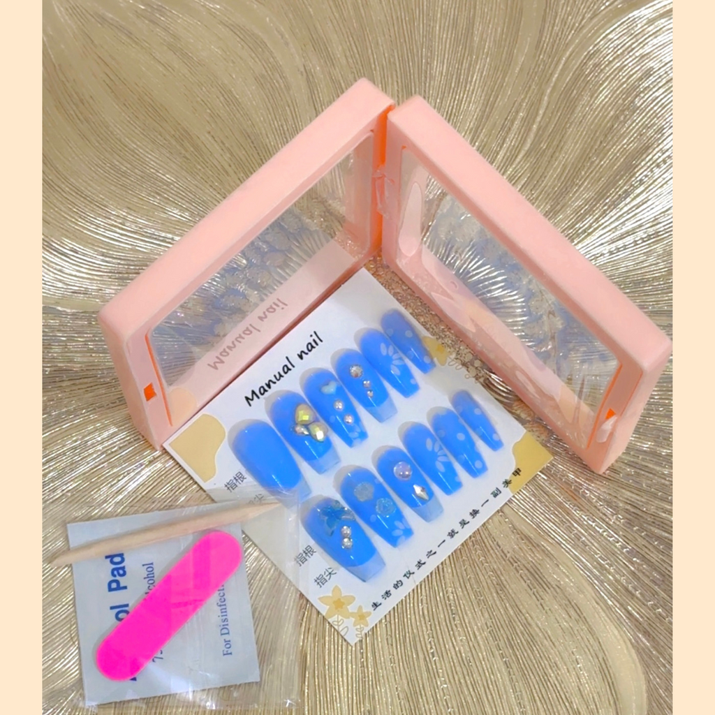 12 Pieces Blue Floral & Gemstone Press-On Nails