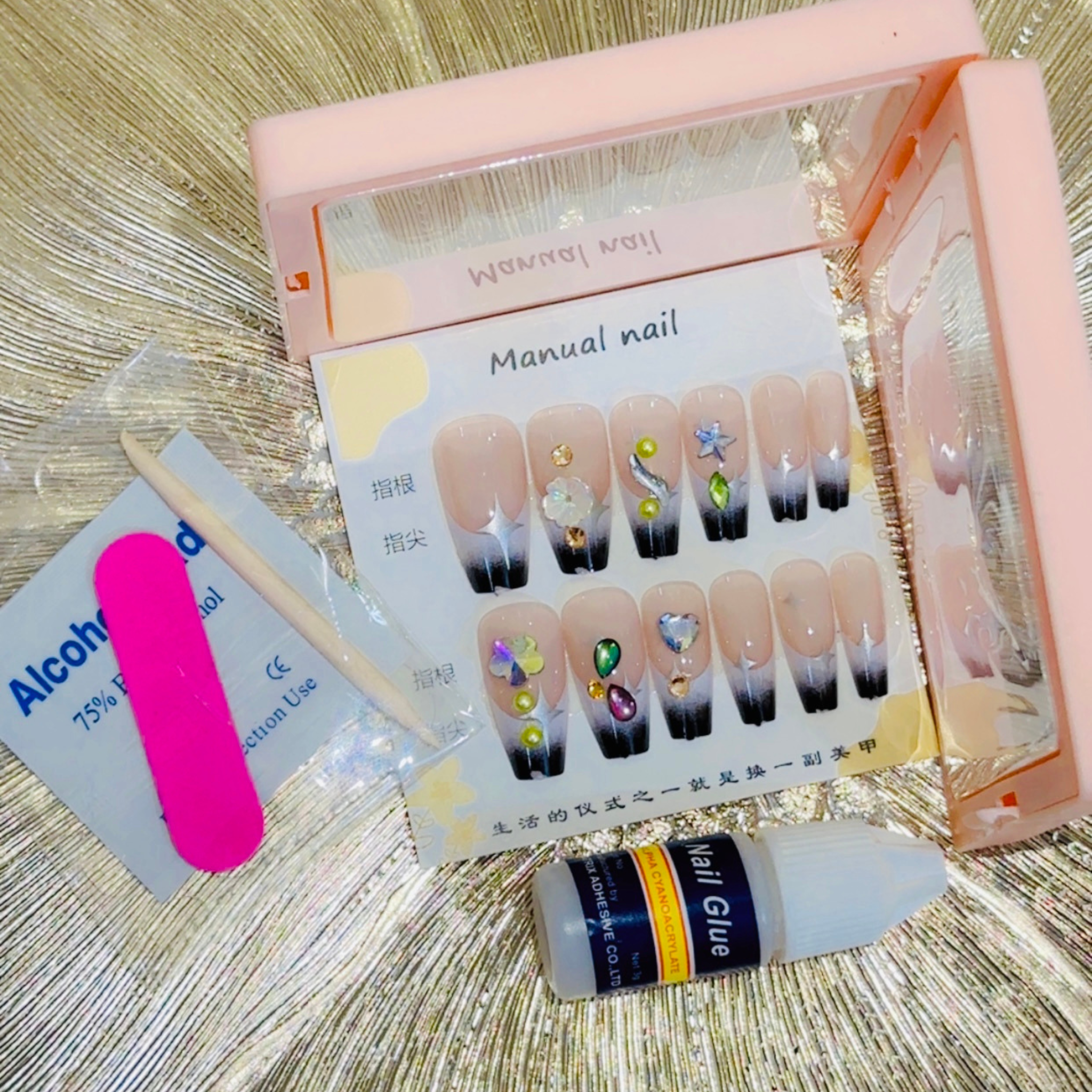 12 Pcs  3D Floral & Gemstone Press-On Nails