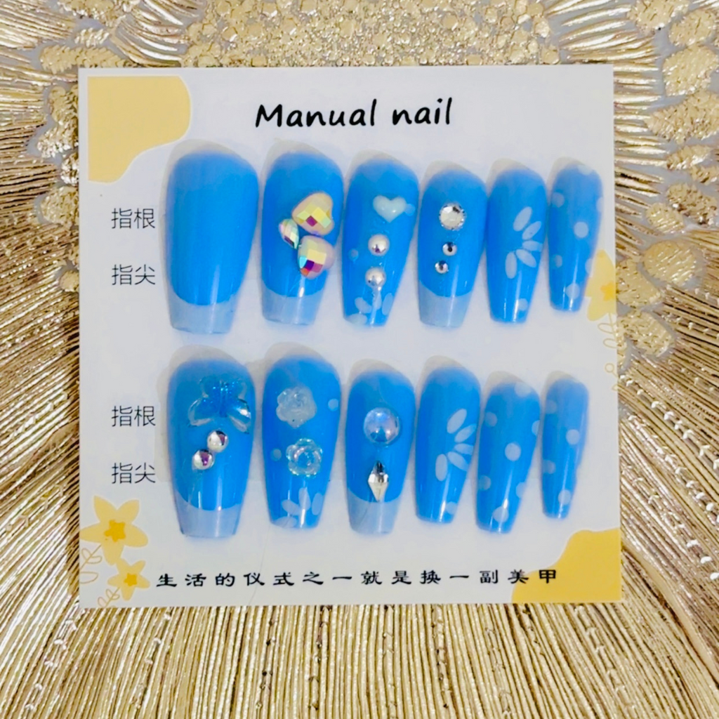 12 Pieces Blue Floral & Gemstone Press-On Nails
