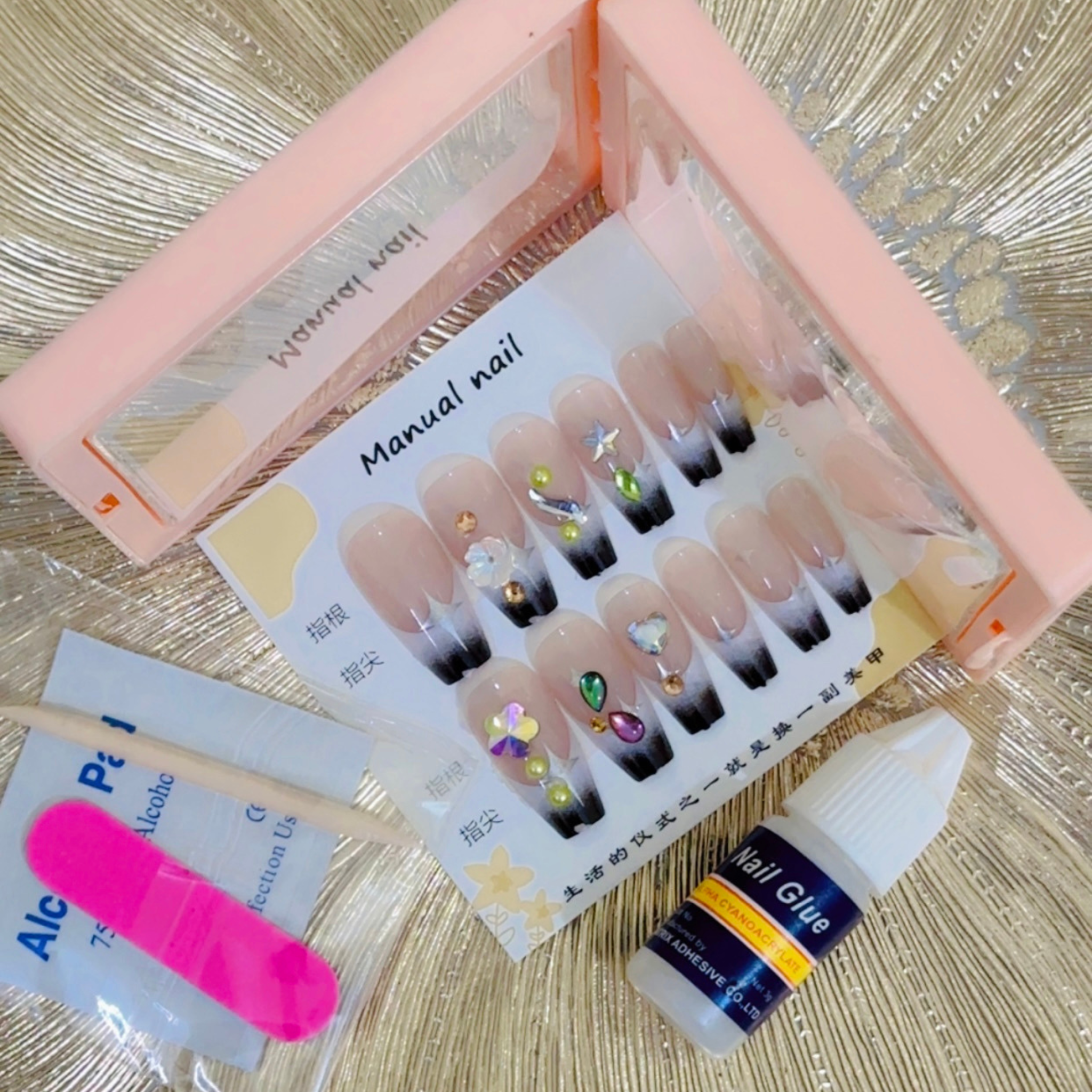 12 Pcs  3D Floral & Gemstone Press-On Nails