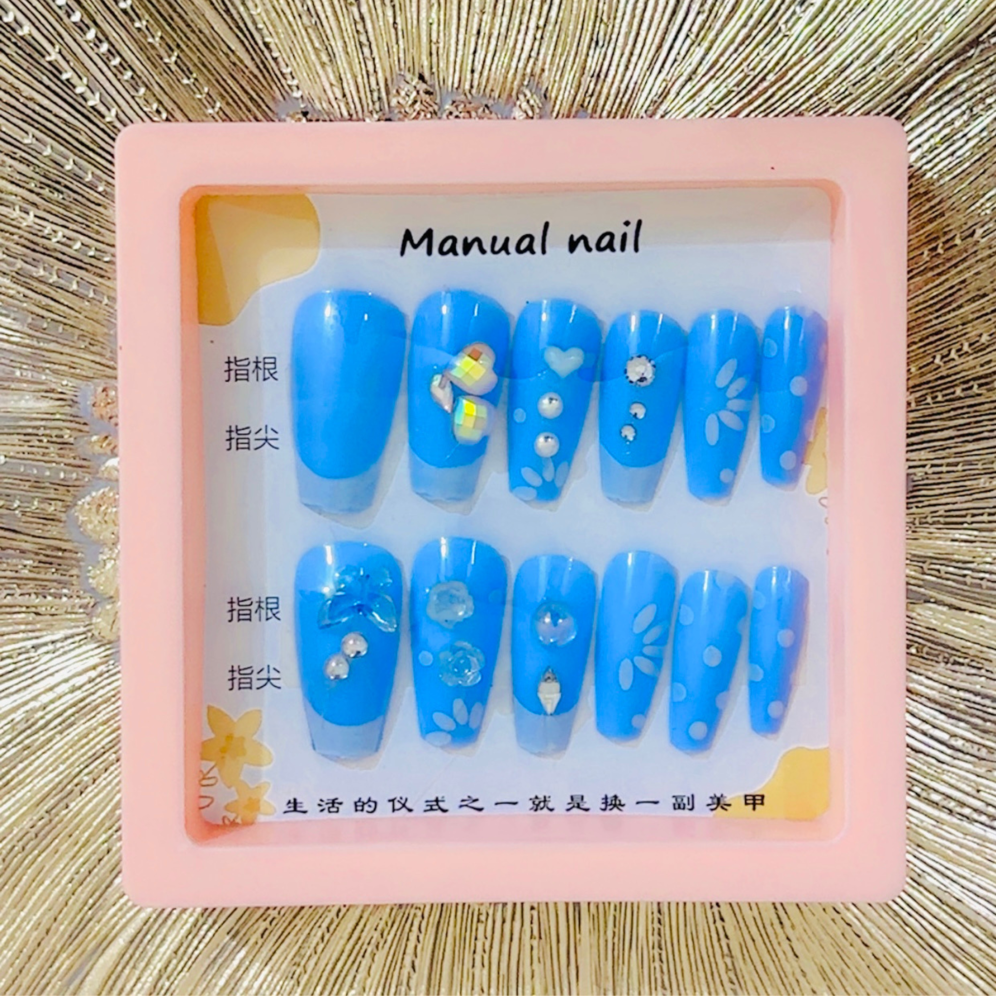12 Pieces Blue Floral & Gemstone Press-On Nails