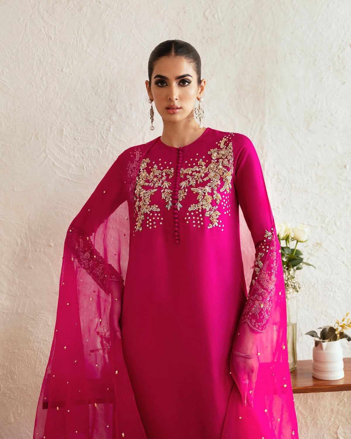 Luxury Fuchsia Pink Embroidered 3 Piece Formal Suit