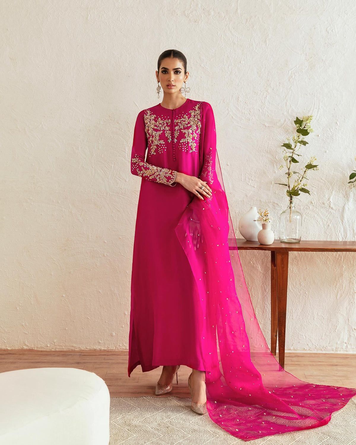 Luxury Fuchsia Pink Embroidered 3 Piece Formal Suit