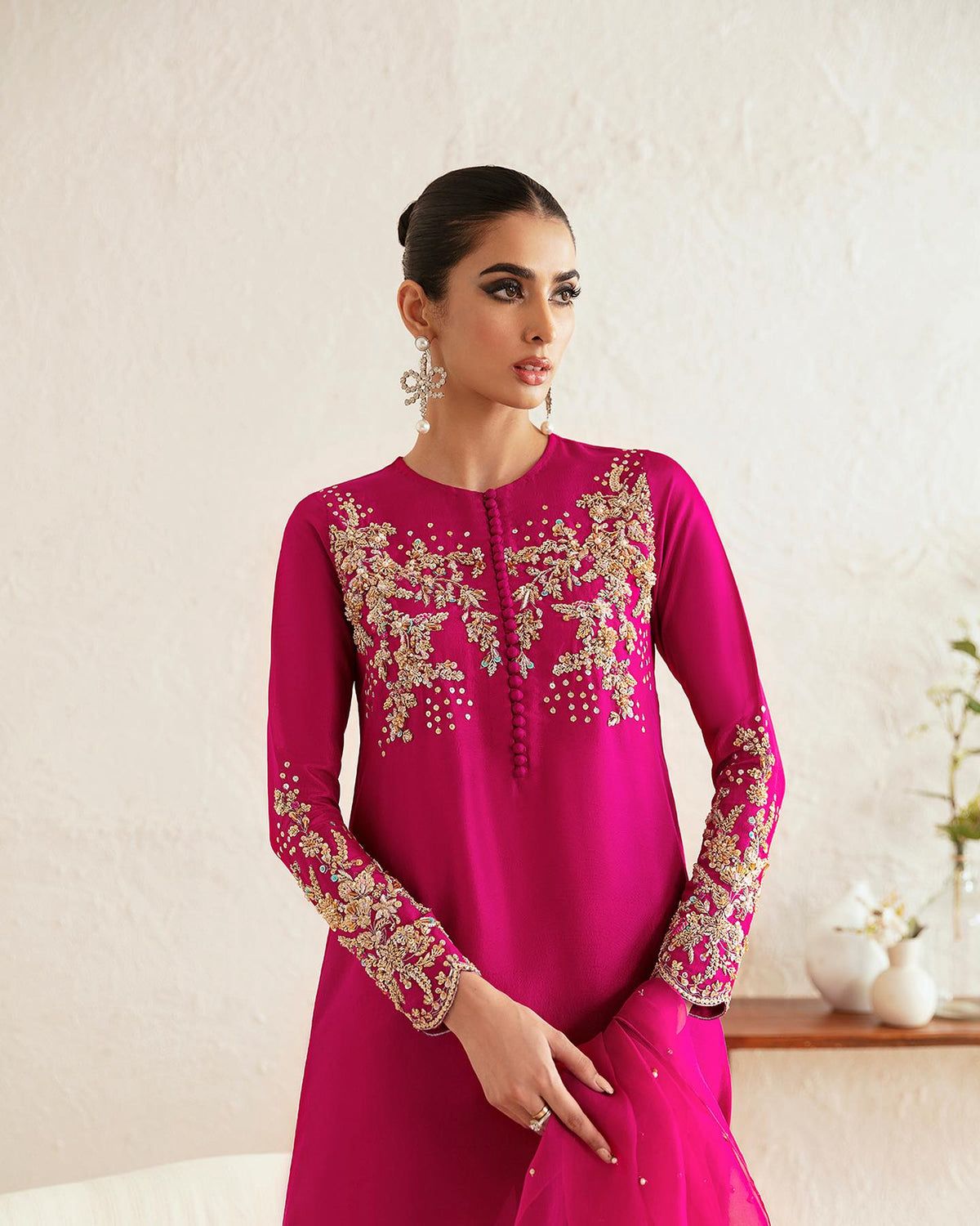 Luxury Fuchsia Pink Embroidered 3 Piece Formal Suit