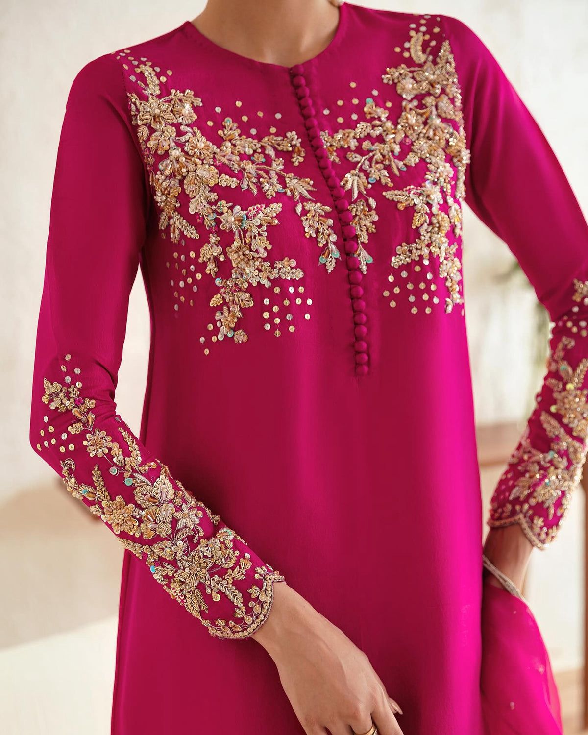 Luxury Fuchsia Pink Embroidered 3 Piece Formal Suit