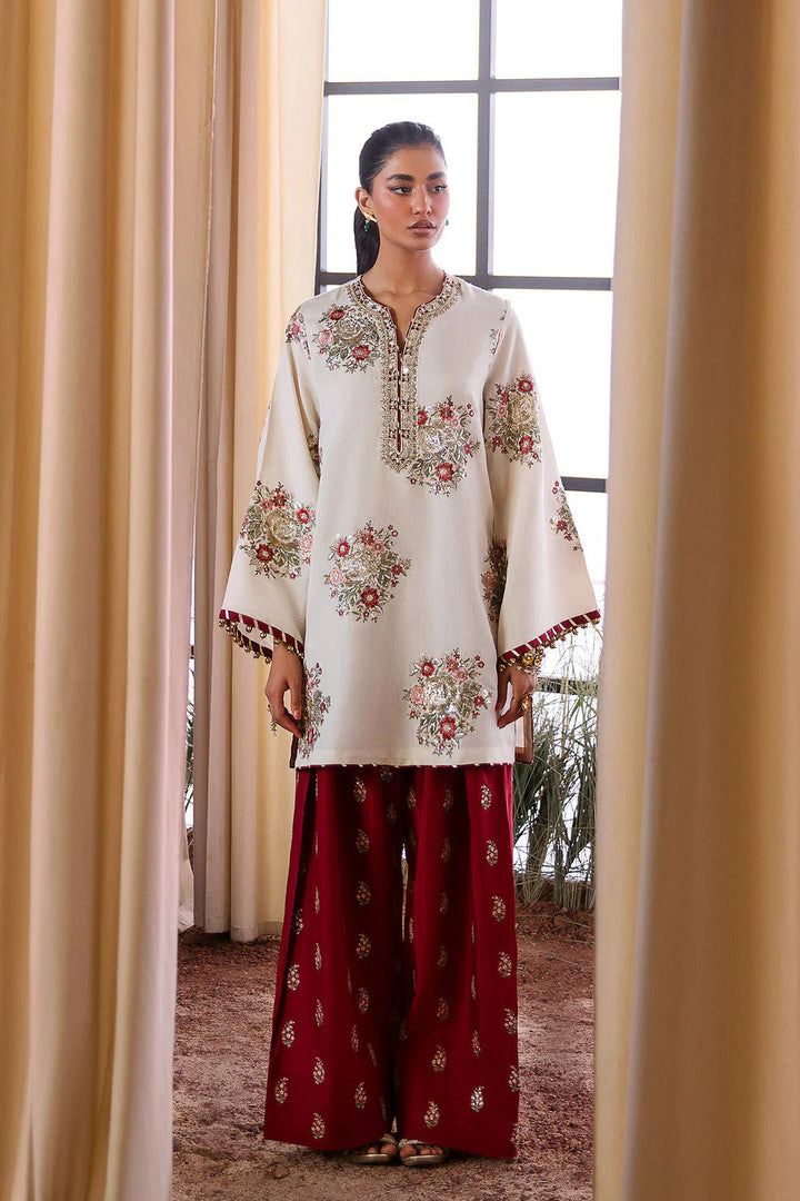 Luxury Ivory & Maroon Embroidered 2 Piece Co-Ord Set