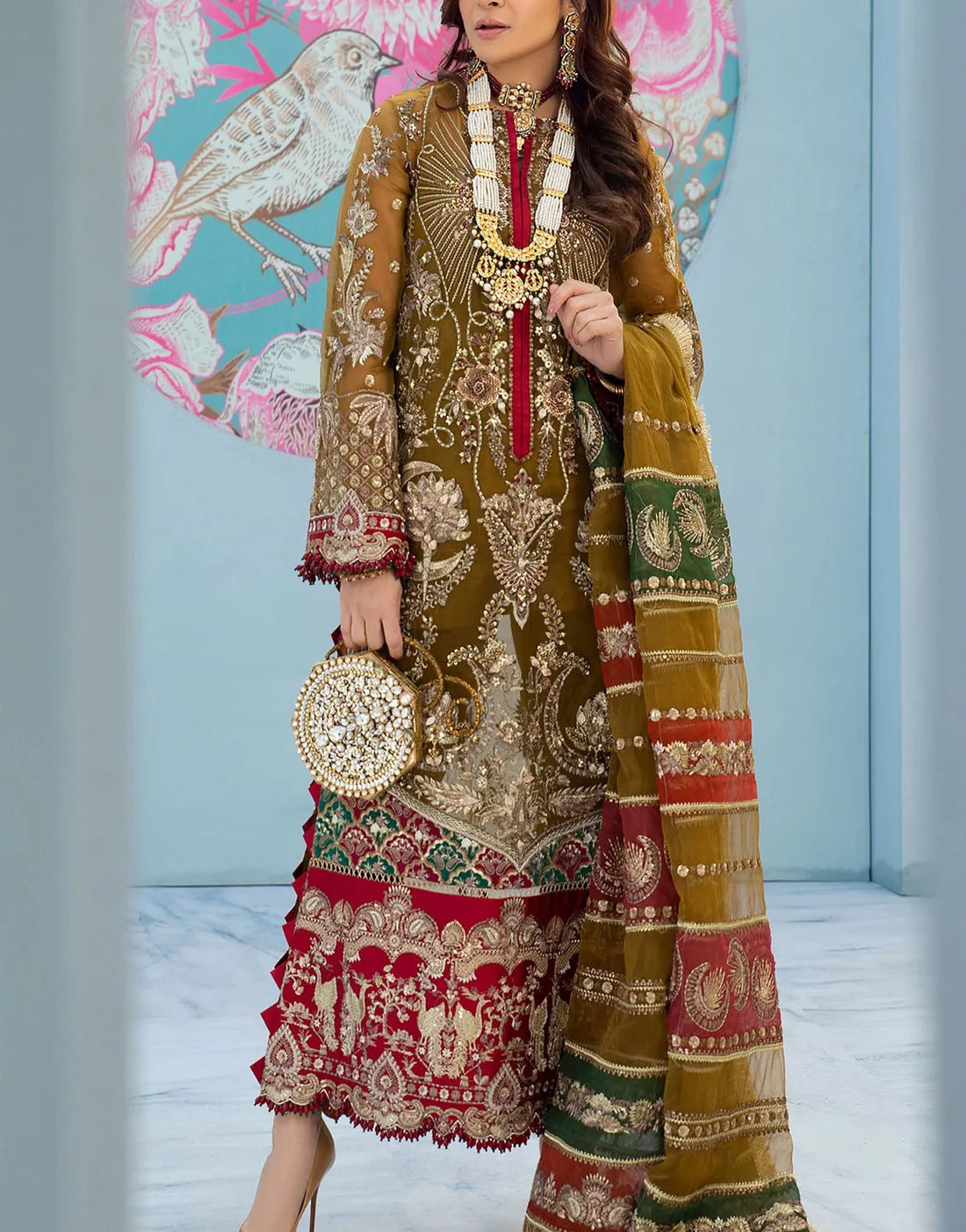 Olive Green Embroidered 3 Piece Unstitched Suit
